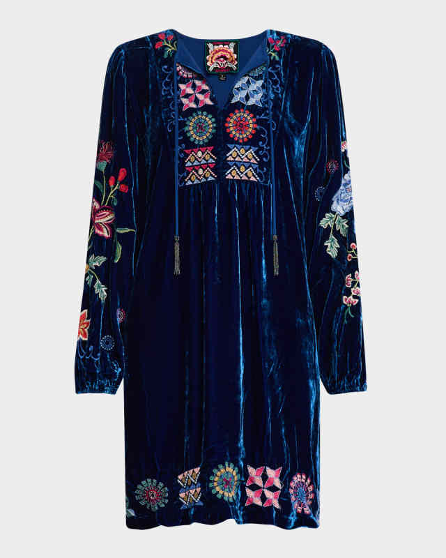Nikkola Embroidered Velvet Mini Shift Dress
